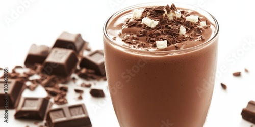 Chocolate milkshake served in a glass, beautifully presented and isolated against a white background. Enjoy the rich flavor and creamy texture of this delightful chocolate milkshake.