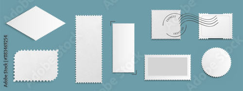 Postage stamp blank frame collection of various shapes - rectangular postal frames, circular mail form, oval vintage template, perforated edges. Mockup elements for postal correspondence design.