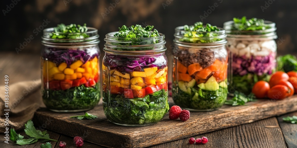 Homemade healthy layer salad presented in mason jars on a rustic wooden background. This healthy salad embodies a vibrant and nutritious food choice, perfect for a detox lifestyle. Homemade healthy layer salad presented in mason jars on a rustic wooden background. This healthy salad embodies a vibrant and nutritious food choice, perfect for a detox lifestyle.