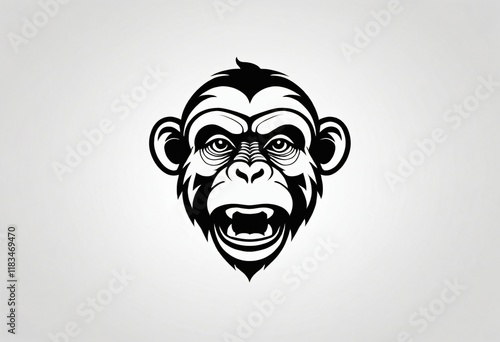 Fierce Monkey Head Illustration: Angry Ape, Primate Artwork, Black and White Animal Design, Tribal Tattoo Style, Logo for T-Shirts, Sports Teams, Gaming Avatars and Branding, Ai generated image. photo