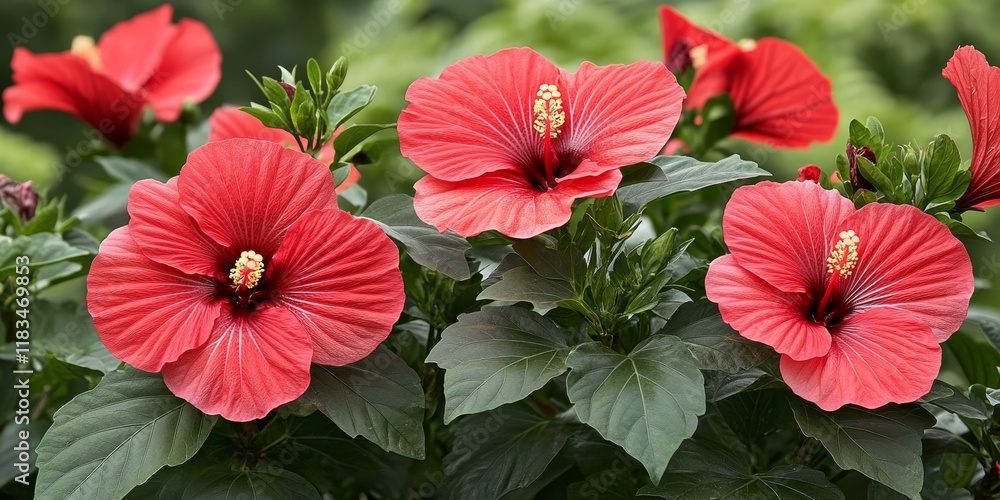Vibrant red hibiscus blooms thrive on a lush green bush, showcasing the beauty of red hibiscus in nature. This stunning display of red hibiscus adds color and allure to any garden setting. Vibrant red hibiscus blooms thrive on a lush green bush, showcasing the beauty of red hibiscus in nature. This stunning display of red hibiscus adds color and allure to any garden setting.