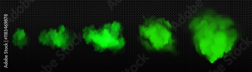 Green smell mist progression stages - toxic gaseous clouds expanding in size from small puff to dense foggy formation. Transparent vapor swirls atmospheric effect for environmental hazard or magic.