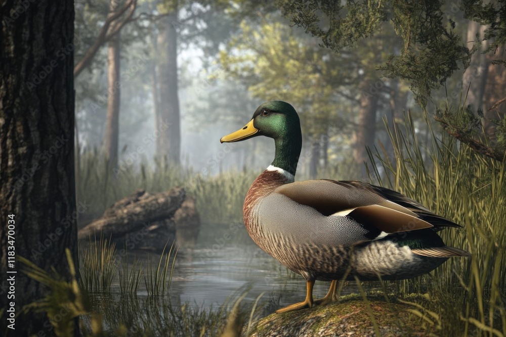 Mallard Duck Rests on Rock by Pond in Misty Forest, Wildlife Beauty Mallard Duck Rests on Rock by Pond in Misty Forest, Wildlife Beauty