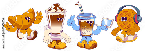 Groovy coffee shop mascots - walking croissant making peace gesture, latte glass topped with cream, iced beverage holding laptop, musical waffle wearing headphones. Characters for cafe branding.