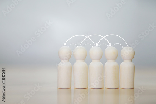 Fotografie Social gathering and networking global communication linking line on the wooden figurines group as teamwork club and table top
