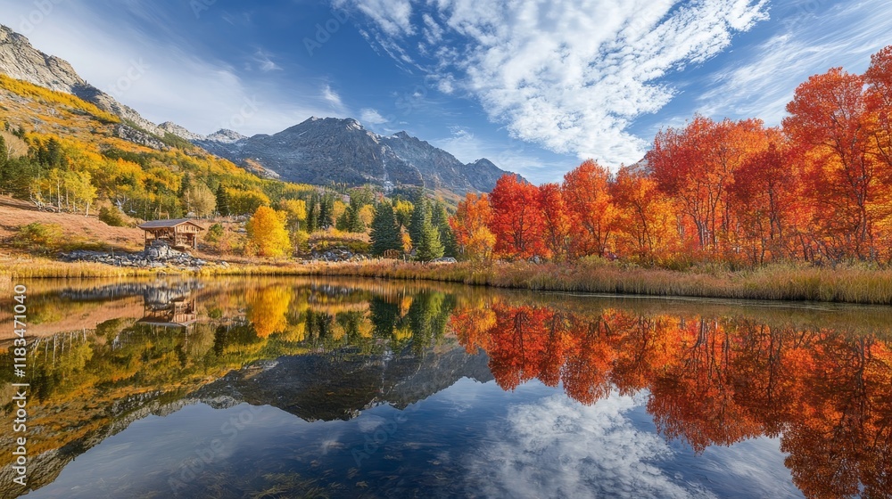 Autumn foliage creates stunning reflections on the lake near a mountain refuge, showcasing the beauty of mountain landscapes and the vibrant colors of autumn leaves in this serene setting. Autumn foliage creates stunning reflections on the lake near a mountain refuge, showcasing the beauty of mountain landscapes and the vibrant colors of autumn leaves in this serene setting.