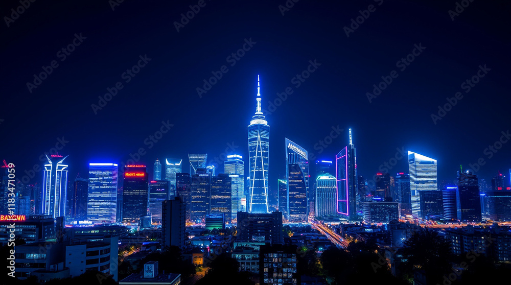 Fototapeta premium a dynamic cityscape background at night, showcasing a skyline illuminated by vibrant neon lights in shades of blue and green, capturing the essence of urban life and energy.