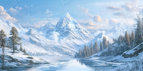 Wallpaper Mural Winters snowy mountain scenery creates a picturesque backdrop, showcasing the serene beauty of the landscape. The snowy peaks and tranquil atmosphere define the winter season. Torontodigital.ca