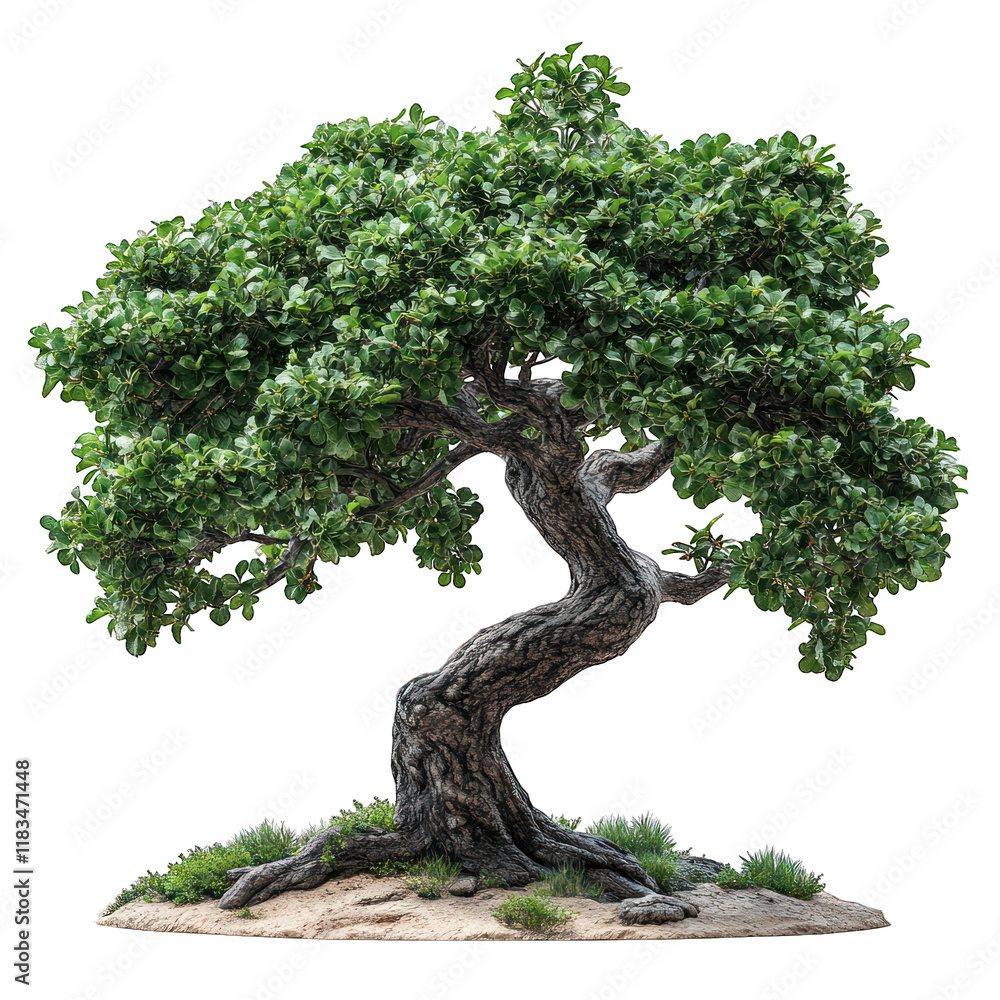 A stylized, twisted tree with lush green foliage on a small base. A stylized, twisted tree with lush green foliage on a small base.