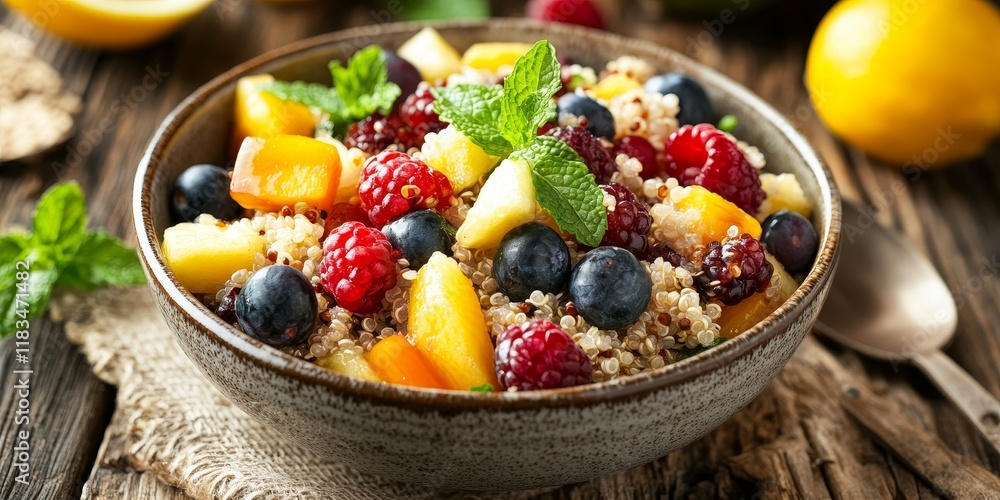 Quinoa fruit salad featuring honey, lemon juice, and mint is beautifully presented in a ceramic bowl on a wooden table, showcasing a vibrant mix of flavors and textures in this delightful dish. Quinoa fruit salad featuring honey, lemon juice, and mint is beautifully presented in a ceramic bowl on a wooden table, showcasing a vibrant mix of flavors and textures in this delightful dish.