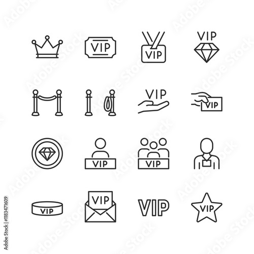 VIP and Exclusive Access, linear style icon set. Symbols of luxury, exclusivity, and premium services. Crown, badge, ticket, and priority access items. Editable stroke width