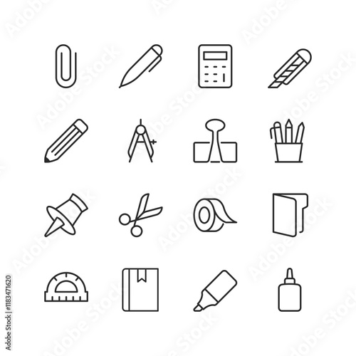 Stationery and Office Supplies, linear style icon set. Tools for work and study. Pen, pencils, scissor, tape, and other office items. Editable stroke width.