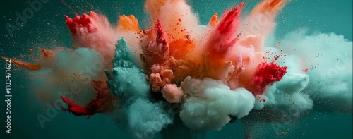 Vibrant Explosion of Colors in Motion Against a Teal Background - A Dynamic Burst of Colorful Powders Creating a Dramatic and Artistic Visual Effect for Creative Projects and Vibrant Backgrounds. photo