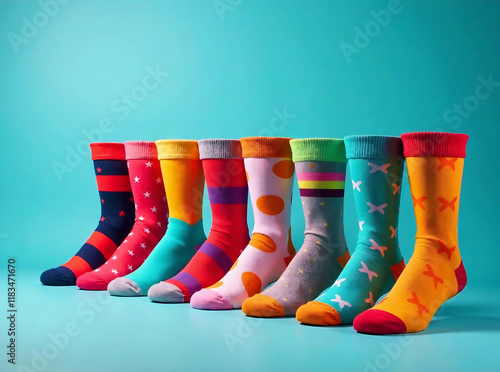 A vibrant array of multi-colored socks neatly aligned against a blue background.. new image