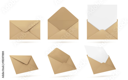 Realistic kraft paper envelope set in different positions and states - closed, opened, containing white blank paper sheet or card. Postal mailing collection in various angles for commercial mockup.