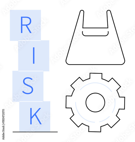 Stack of blocks with letters spelling RISK, shopping bag outline, gear icon. Ideal for business strategy, planning, hazard assessment, logistics, supply chain, decision-making operational