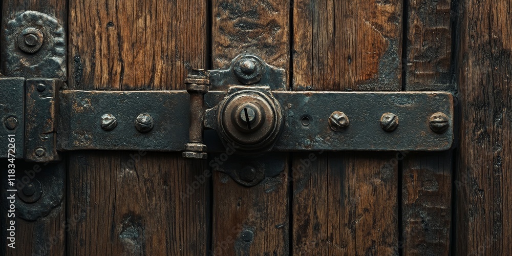 A large metal lock featuring a latch is positioned on the wooden surface of a rustic batten door, showcasing the intricate design and durability of the metal lock in this unique setting. A large metal lock featuring a latch is positioned on the wooden surface of a rustic batten door, showcasing the intricate design and durability of the metal lock in this unique setting.