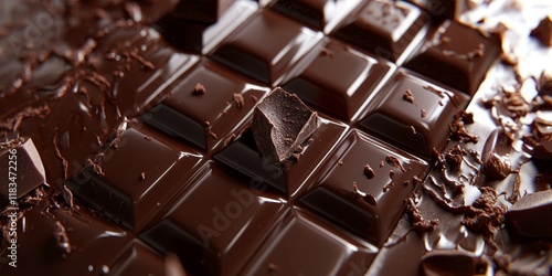 Close up of a chocolate bar s background, highlighting its rich texture and delectable appearance, perfect for showcasing the appeal of chocolate bars in various designs and settings. photo