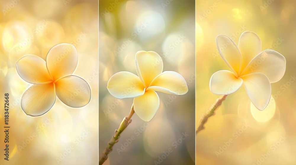 Golden Plumeria Triptych, Bokeh Background, Tropical Bloom, Spa Relaxation Golden Plumeria Triptych, Bokeh Background, Tropical Bloom, Spa Relaxation