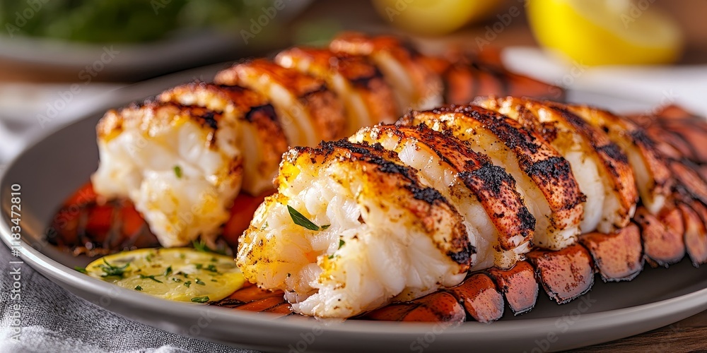 Lobster tails that have been grilled are presented on a plate, showcasing their delicious, savory appeal. Grilled lobster tails make an enticing dish served beautifully on a plate. Lobster tails that have been grilled are presented on a plate, showcasing their delicious, savory appeal. Grilled lobster tails make an enticing dish served beautifully on a plate.
