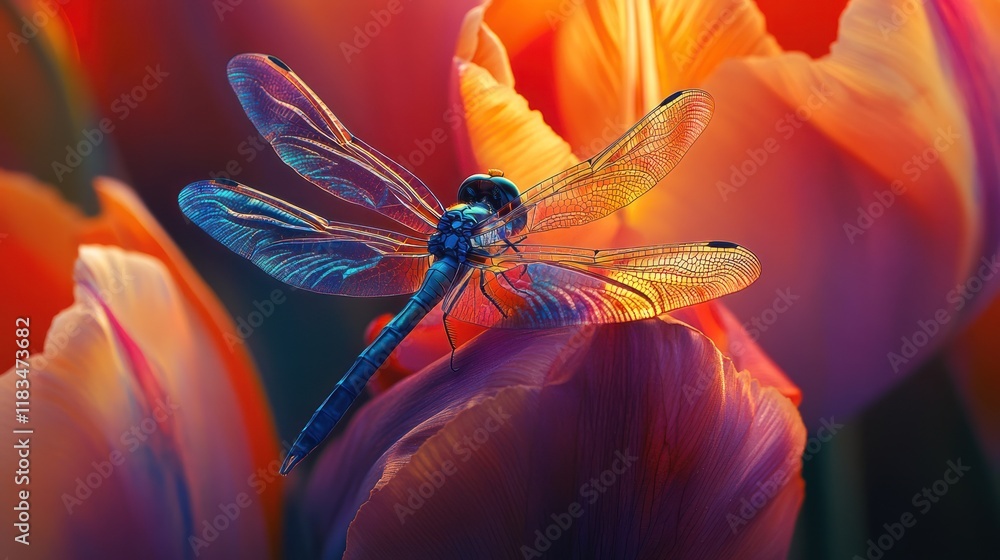 Dragonfly resting on vibrant tulip, garden sunset, nature poster Dragonfly resting on vibrant tulip, garden sunset, nature poster