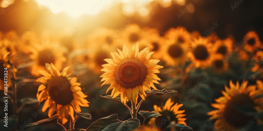 Fototapeta premium Stunning sunset illuminating a vibrant sunflowers field, creating a breathtaking view of the sunflowers field basking in golden light during the tranquil evening. Experience the beauty of the