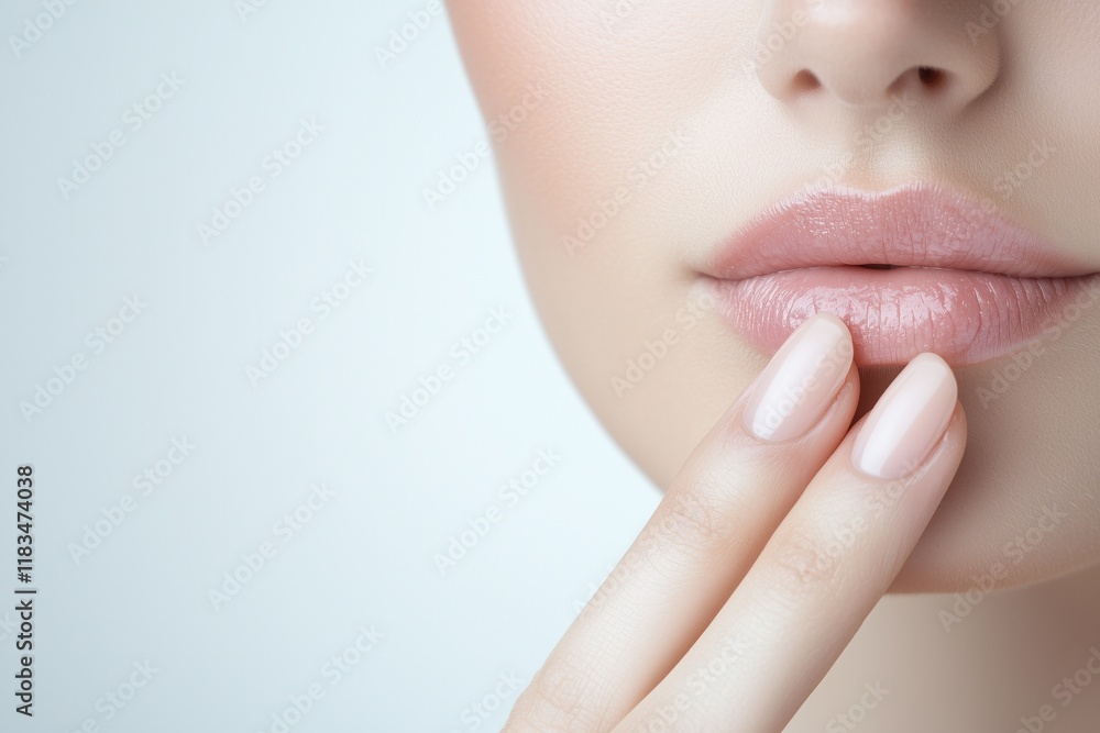 Close up of woman touching lips with perfect smooth skin and natural makeup Close up of woman touching lips with perfect smooth skin and natural makeup