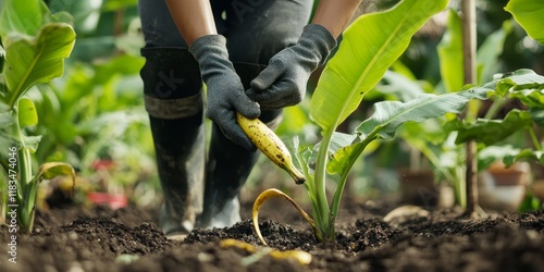 The gardener applies banana peel fertilizer, blending it with water to enhance plant growth. This natural banana peel fertilizer enriches the soil, promoting healthy gardening practices. photo