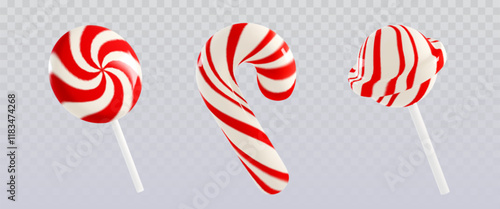 Candy cane and lollipop set isolated on transparent background. Vector realistic illustration of red and white striped hard candies, sweet treat for Christmas gift, tasty dessert, confectionery