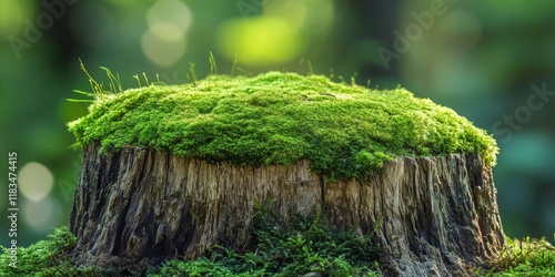 Moss covered fir tree stump showcasing nature s beauty, with vibrant moss embellishing the fir tree stump for a serene and tranquil forest scene, highlighting the fir tree stump s organic charm. photo