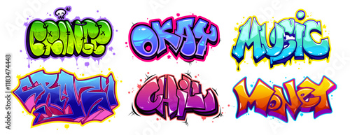 Graffiti lettering text collection in cartoon style - vibrant design of urban art. Bold typography with multicolored spray paint effects, drips, splashes and bubble shapes. Street art elements