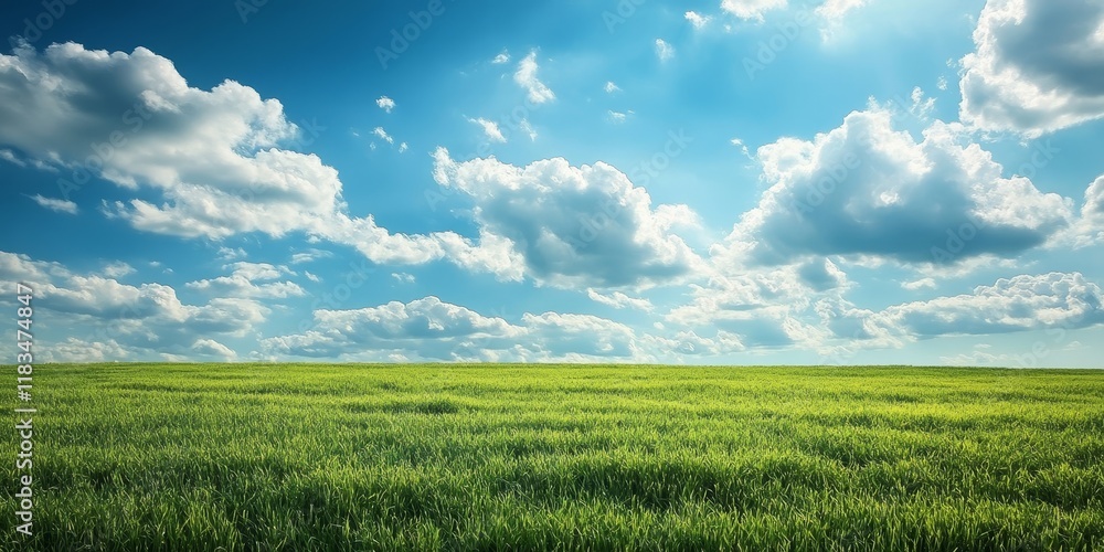 Obraz premium Vibrant green field under a vast sky adorned with fluffy white clouds, creating a picturesque landscape where the green field and sky harmoniously blend into a serene atmosphere.