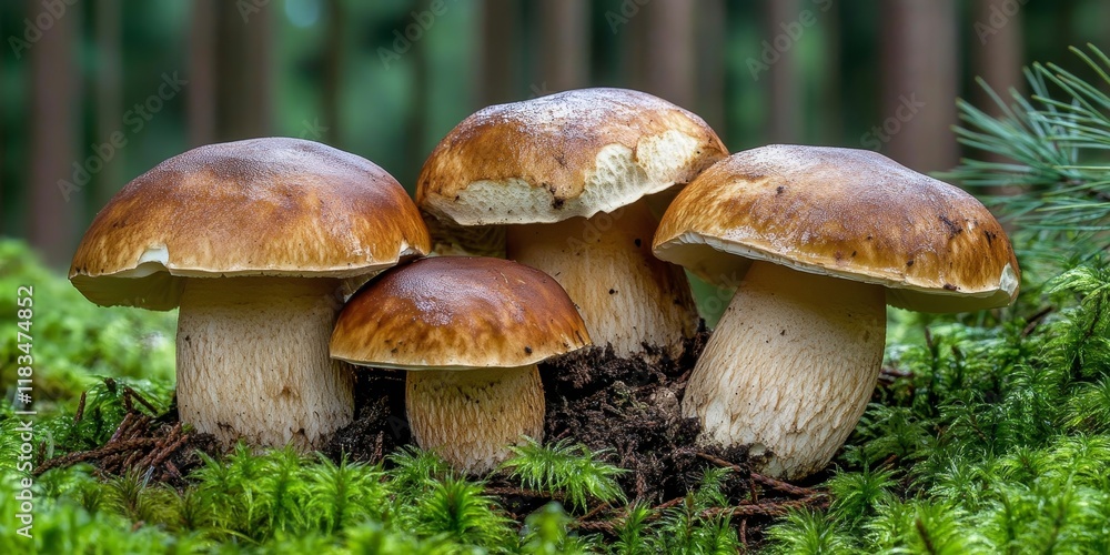 Mushroom Boletus edulis found flourishing in a spruce forest during the vibrant autumn mushroom season, showcasing the beauty and diversity of mushrooms in their natural habitat. Mushroom Boletus edulis found flourishing in a spruce forest during the vibrant autumn mushroom season, showcasing the beauty and diversity of mushrooms in their natural habitat.