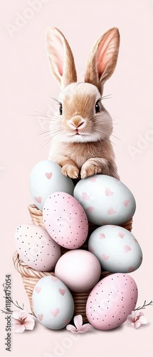 A cute bunny sits atop a stack of pastel-colored Easter eggs, perfect for spring and holiday celebrations. photo