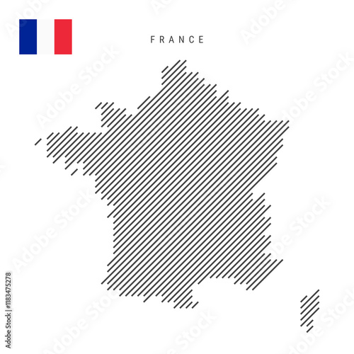 France map from pattern of black slanted parallel lines. French map with gray diagonal lines. Silhouette of a country made of oblique hatching. Vector illustration isolated on white.