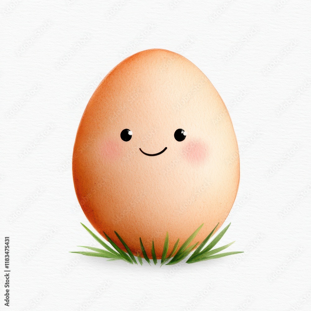 A cute, smiling egg character sitting on grass, perfect for playful food-themed projects and illustrations. A cute, smiling egg character sitting on grass, perfect for playful food-themed projects and illustrations.
