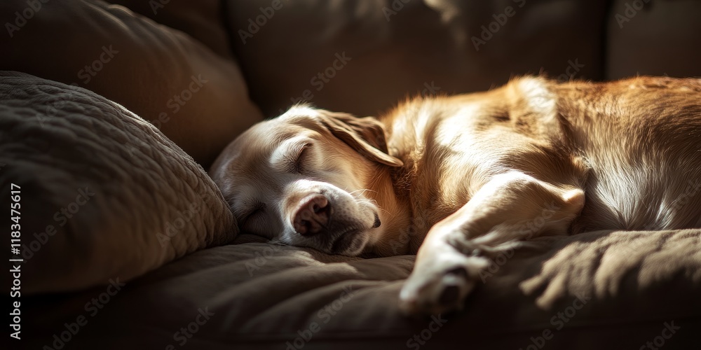 Obraz premium An elderly labrador enjoys a peaceful nap in its cozy bed. This heartwarming image captures the serene moment of an elderly labrador resting in its comfortable space at home.