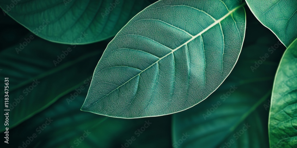 Obraz premium Macro close up showcasing a green leaf background texture, emphasizing the beauty of nature ecology. This green leaf background texture represents the essence of ecological harmony.