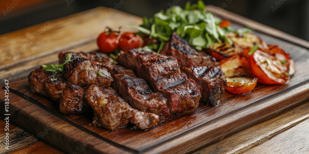 Close up of a wooden board featuring fried meat and vegetables on a wooden table, emphasizing the beef meat with a shallow depth of field for a striking presentation of the beef. Close up of a wooden board featuring fried meat and vegetables on a wooden table, emphasizing the beef meat with a shallow depth of field for a striking presentation of the beef.