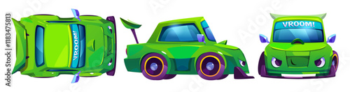 Green race car character set isolated on white background. Vector cartoon illustration of sport auto with winner smirk and narrowed eyes on face, transport for speed race rally, top, side, front view
