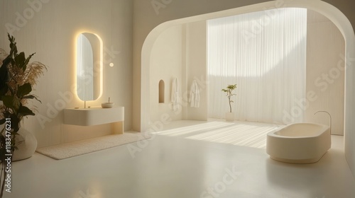 Bright white bath w/ tub, towels hanging, sink, plants, minimalist design, sunny lighting use interior