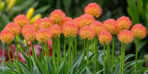 Stunning Wild Fireball lilies, also known as Scadoxus Multiflorus, showcase their vibrant beauty in a natural setting. These Wild Fireball lilies captivate with their unique appearance and vivid photo