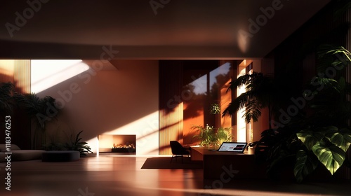 Sunlit Modern Interior Design: A Serene Workspace with Tropical Plants