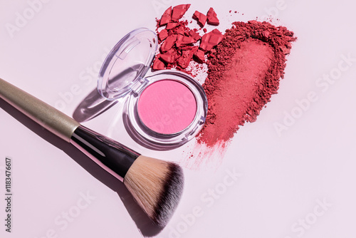 Tableau sur toile A sample of pink blush, an open pack of soft pink blush, a makeup brush on a light background