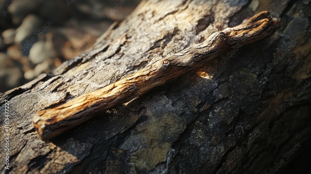 Nature background featuring a sawn twig resting on a tree trunk, showcasing the intricate details of the twig against the natural backdrop of the tree trunk in this tranquil scene. Nature background featuring a sawn twig resting on a tree trunk, showcasing the intricate details of the twig against the natural backdrop of the tree trunk in this tranquil scene.