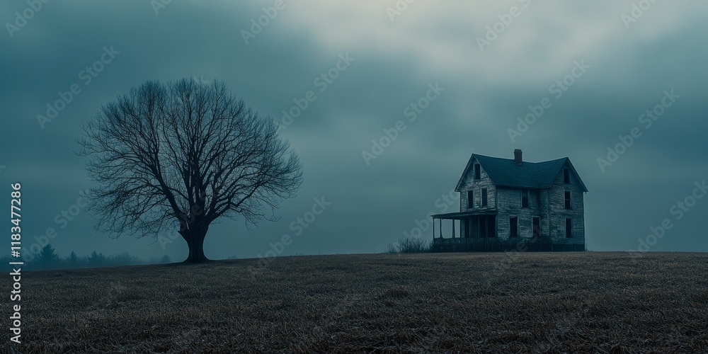 Naklejka premium Mysterious haunted house looms over an empty field, capturing the eerie essence of a haunted house that intrigues and unsettles those who dare to approach it in the stillness of solitude.