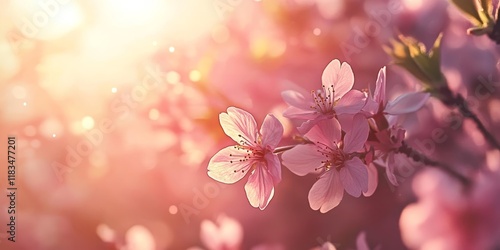 Delicate pink cherry blossoms dance gently in the breeze on a bright and sunny spring day, showcasing the beauty of pink cherry blossoms amidst the warm sunlight and refreshing atmosphere.