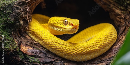 Yellow Eyelash Viper Snake is gracefully emerging from a hollow log, showcasing its vibrant colors. This striking Yellow Eyelash Viper Snake adds intrigue to nature s beauty. photo