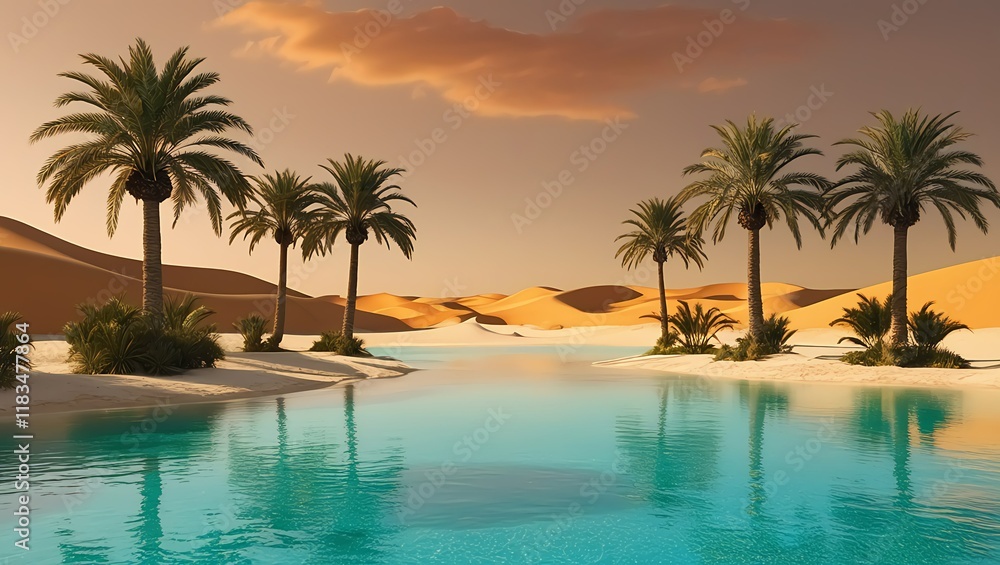 A tranquil desert oasis with crystal-clear turquoise water, surrounded by tall, lush palm trees swaying gently in the breeze. The golden sand dunes stretch into the distance under a warm, orange sunse A tranquil desert oasis with crystal-clear turquoise water, surrounded by tall, lush palm trees swaying gently in the breeze. The golden sand dunes stretch into the distance under a warm, orange sunse