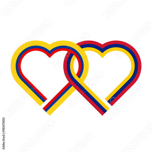heart shaped ribbon of colombia and venezuela flags intertwined. vector illustration isolated on white background